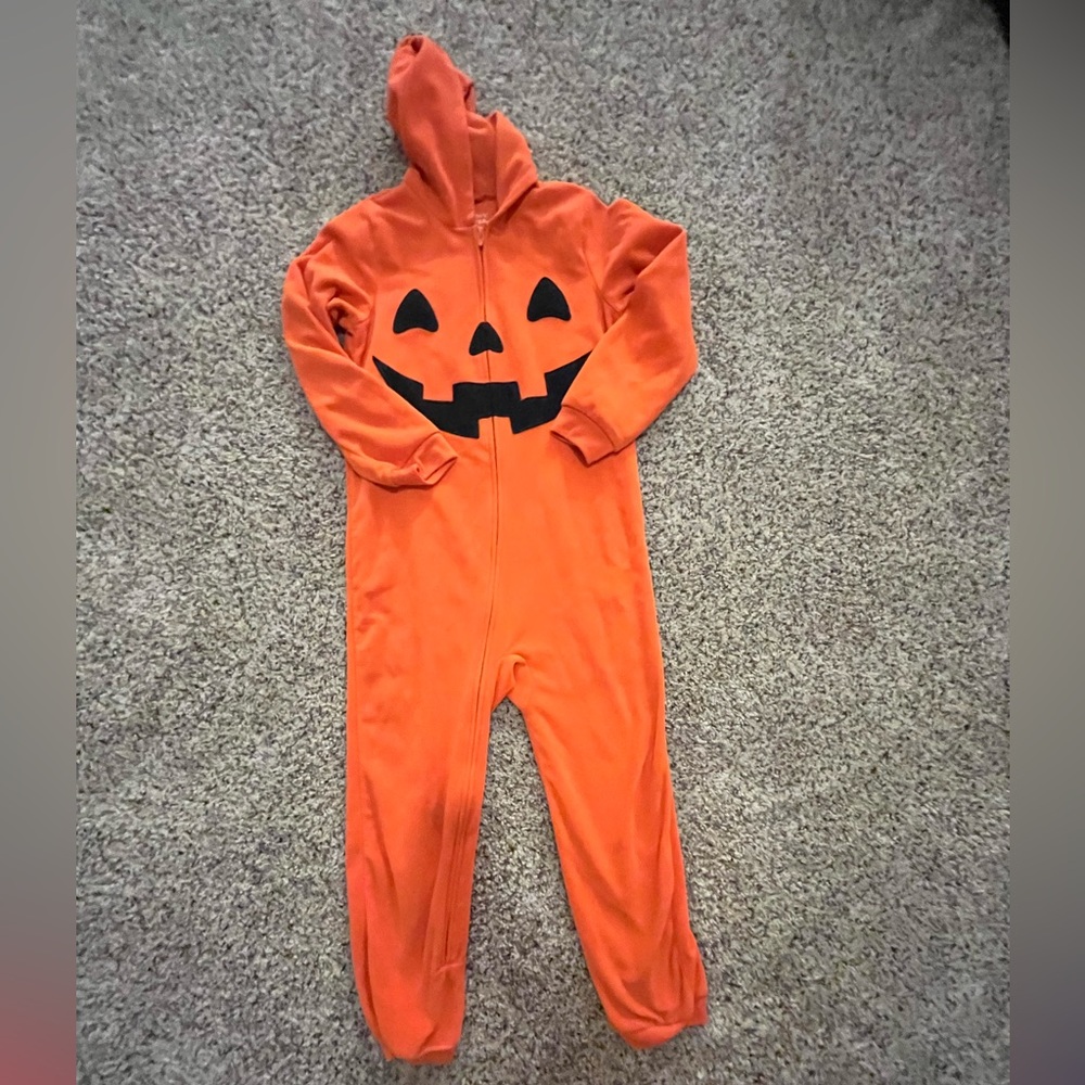 Orange Pumpkin Hooded One piece Jumpsuit Halloween Size 8 Boy or Girl